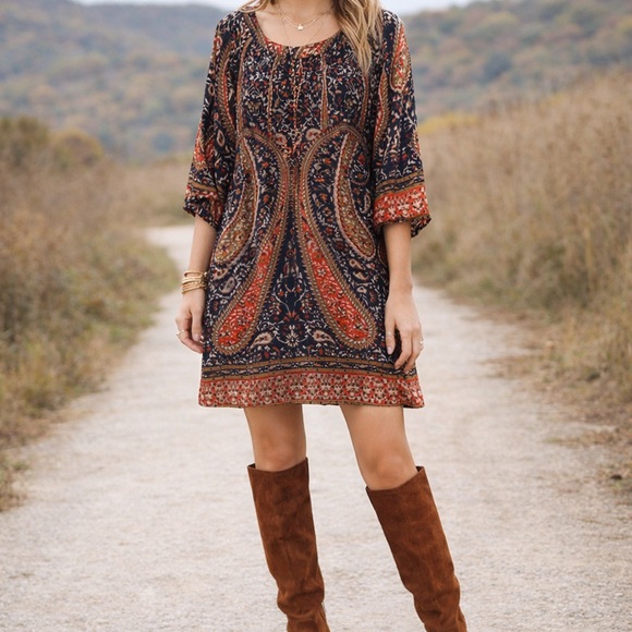 Altar'd State Tops - Altar’d State Paisley Boho Tunic Dress Navy Rust Floral Bohemian Lined Small